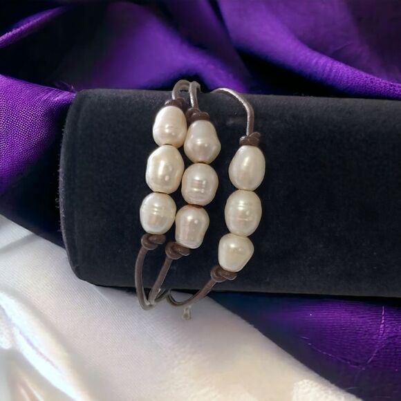 Fresh‎ Water Pearl Bracelet Corded Brown Multi Strand Coastal Beach Adjustable. - Picture 6 of 16